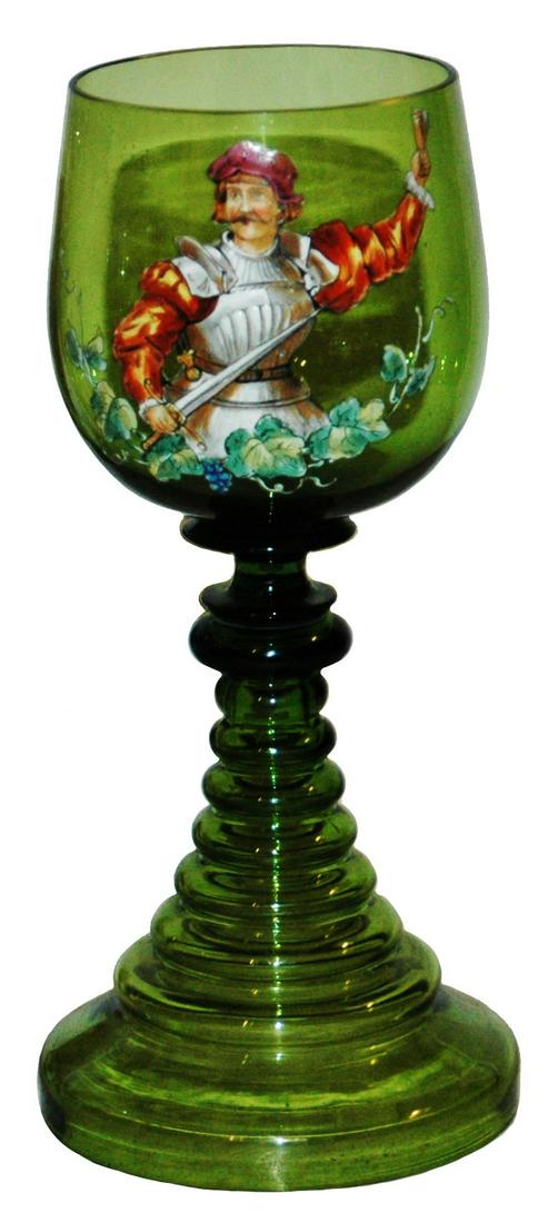 Enameled Landsknecht Green Glass Stem Goblet (1 of 2)