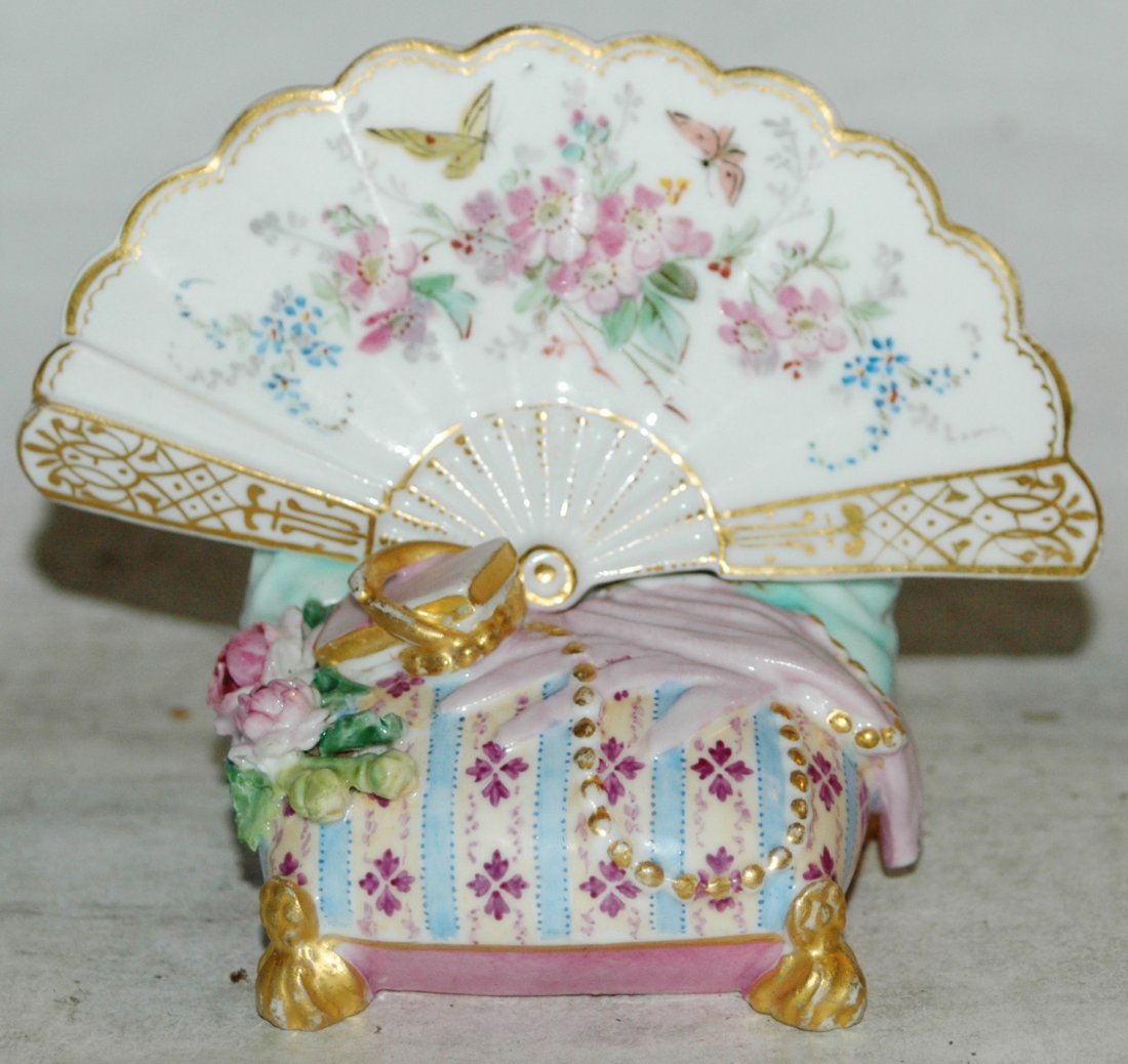 Meissen Porcelain 3 3/4” Card Holder.: Meissen Porcelain 3 3/4” Card Holder. Pillow and fan.