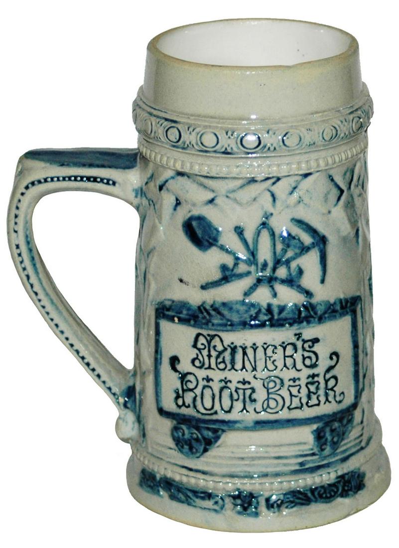 Miners Root Beer Whites Utica Stein Mine wMen Side: Whites Utica Stoneware Relief 1/2L Mug. “Miner's Root Beer” on one side and men working the mine on the other.