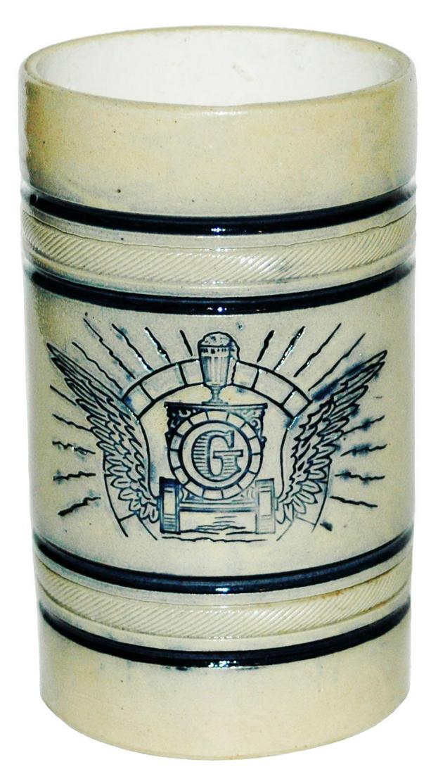 Goebel Brewery Co Winged Whites Utica Mug: Whites Utica Stoneware #5 Impressed 1/2L Mug. “G” with wings which is the logo for the Goebel Brewery Co of Detroit, Michigan from 1873 to 1964 . Mint.