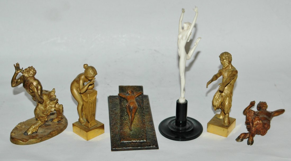 Group of Six Erotica Figures: Six Erotic figures. 1) Brass 4 1/4 inch satyr figure. 2) Brass 4 1/2 inch nude woman figure. 3) Brass 6 inch spring clip with reclining nude woman. 4) 7 1/2 inch tall nude woman figure. 5) Brass 4 1/4