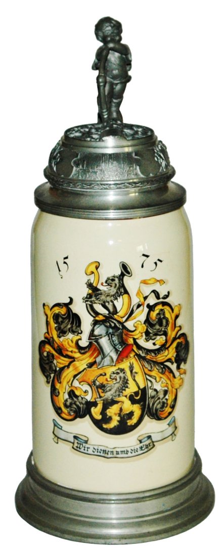 1L Sarreguemines Shield w Lichtinger Relief Lid: Pottery Sarreguemines POG 1L. Heraldic shield. Lichtinger relief pewter lid. Mint.