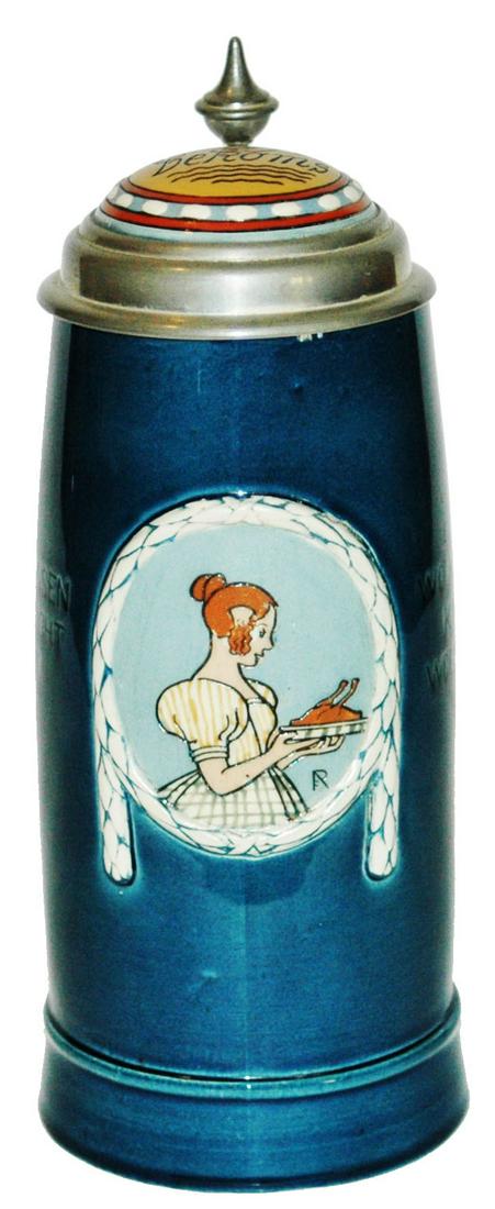 Mettlach Franz Ringer Woman w a Tray Etched Stein (1 of 5)