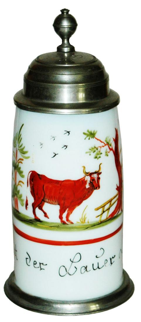 Milk Glass 1L Farmer Occupational c. 1780 w Cow (1 of 4)