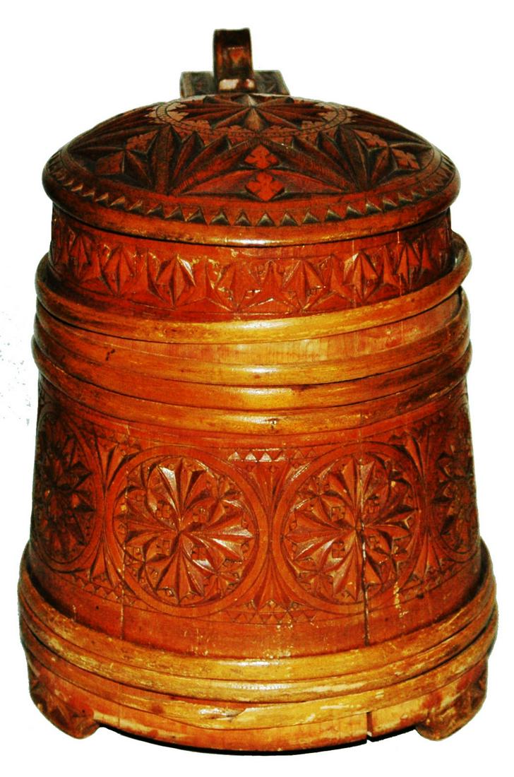 2L Chipped Carved Stein w Matched Lid: Carved Wood 2L. Chipped carved panels. Matching work on lid.