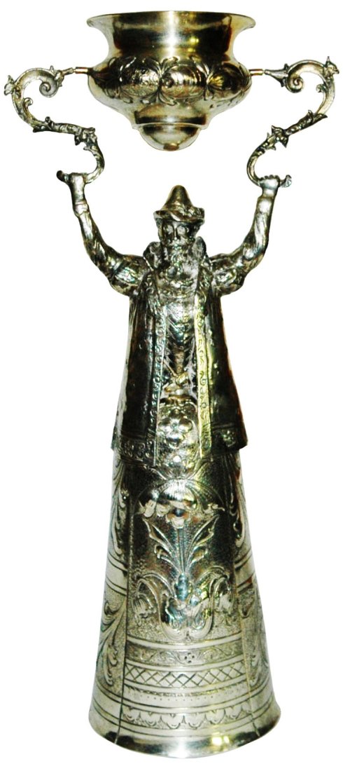 12-1/2" Detailed Silver Royal Figure Wedding Beaker: Silver 12 1/2” Wedding Beaker. Detailed royal figure. Normal wear.