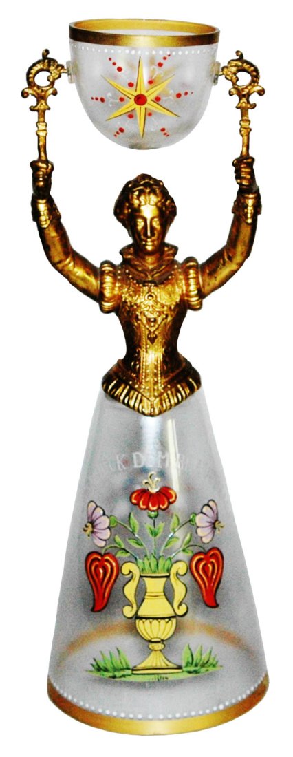 Fritz Heckert Enamel Floral Glass Wedding Beaker: Blown Glass 11” Wedding Beaker. Fritz Heckert. Enameled floral on skirt and bowl. Mint.