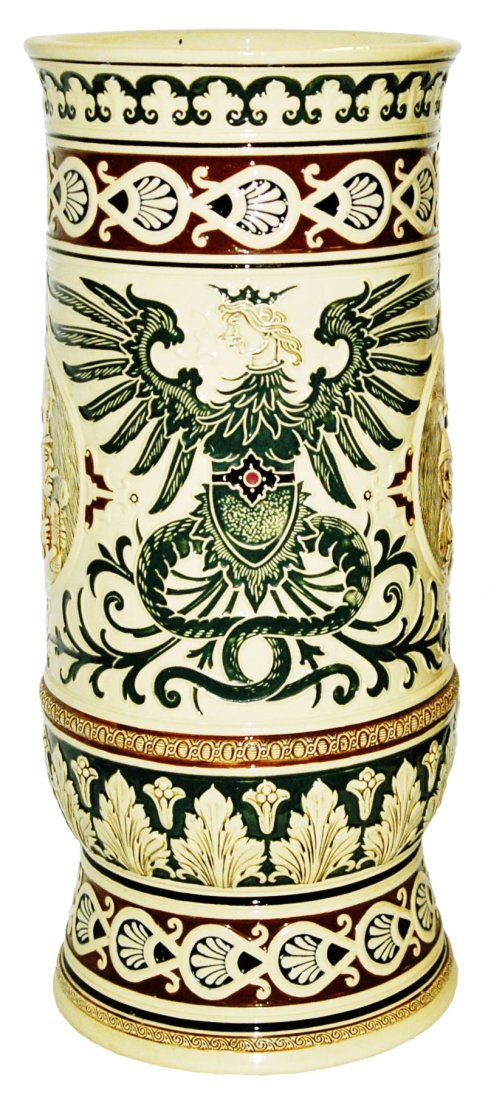 36" Umbrella Stand Threaded Relief Eagle: Pottery Threaded Relief 21” Umbrella Stand. Eagle with human head. Man and woman in rain with umbrella on the sides. Mint.