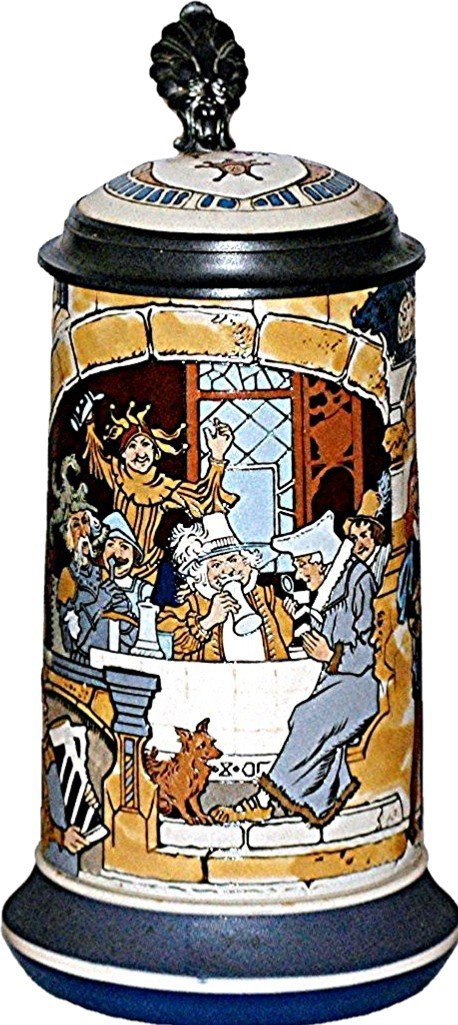 Mettlach #2778 Etched Signed Schlitt Stein: ½ L. Carnival scene signed Schlitt. Inlay lid
