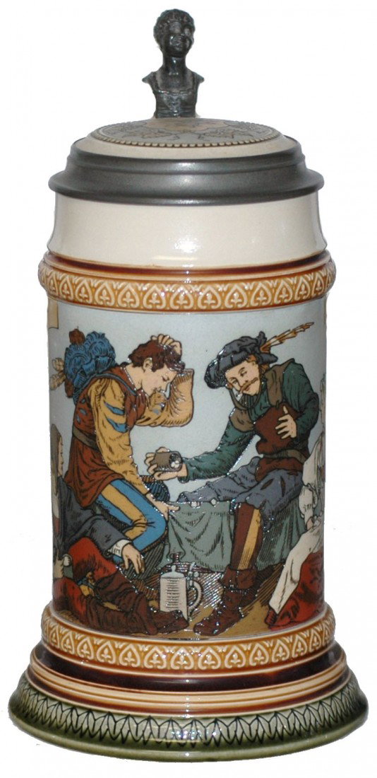 Mettlach #2441 Etched Dice Game Stein: ½ L. Dice Game. Inlay lid