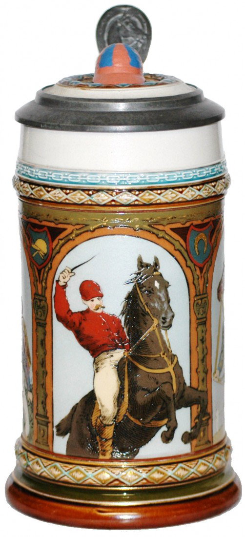 Mettlach Occupational Jockey #1733 Stein. Cap Lid: ½ L. Etched Jockey Occupational. Inlay lid with figural jockey cap.