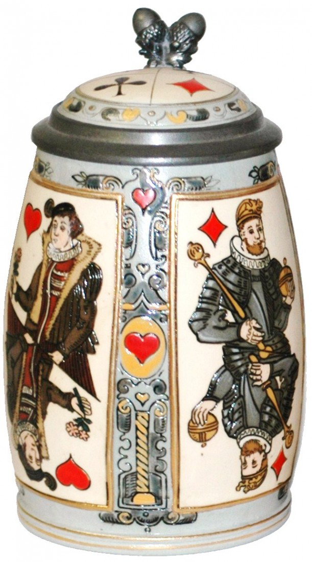 Mettlach #2093 Etched Cards Stein: ½ L. Suites of cards. Inlay lid.