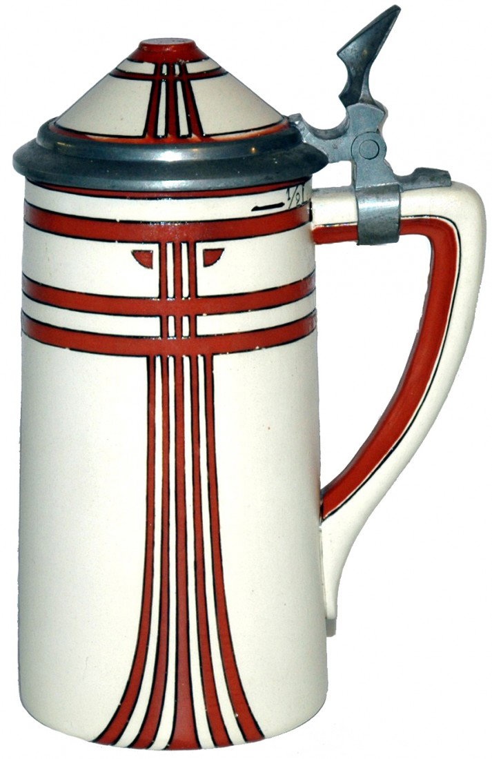 Mettlach #3137 Etched Art Nouveau Stein: ½ L. Art Nouveau. Inlay lid