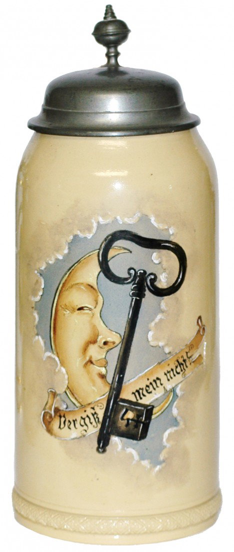 Mettlach #285 Pog Stein: 1 L. Scene of moon, key and verse.