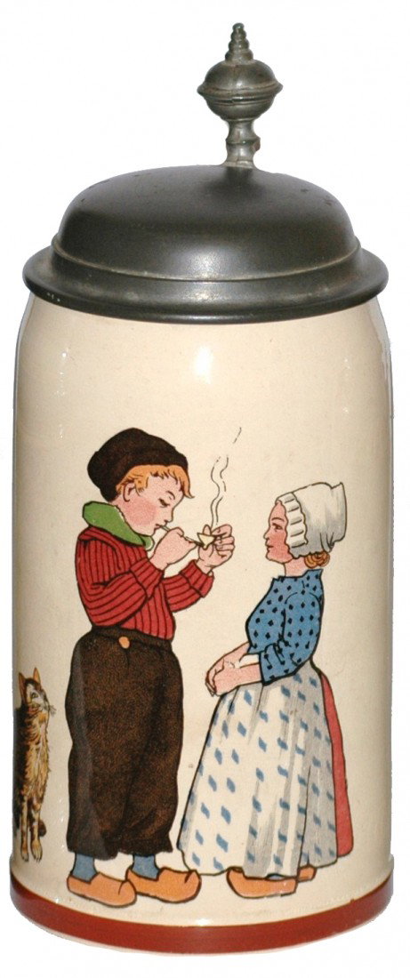 Mettlach #1909/1236 PUG Stein: !/2 L. Dutch kids with cat.