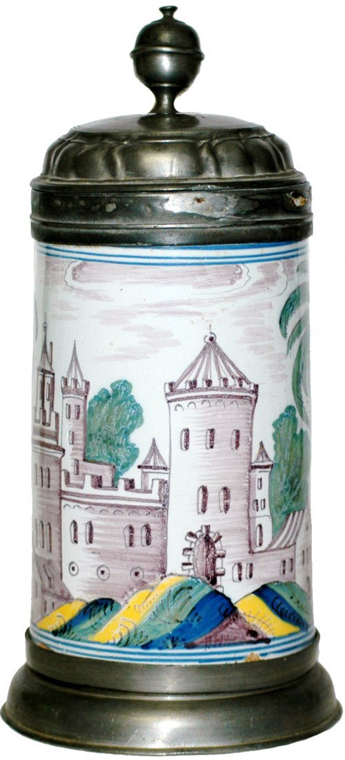 Faience Stein Bayrueth Factory: 1 L. Circa 1780. Castle and palm trees. "B.P." Factory base mark.