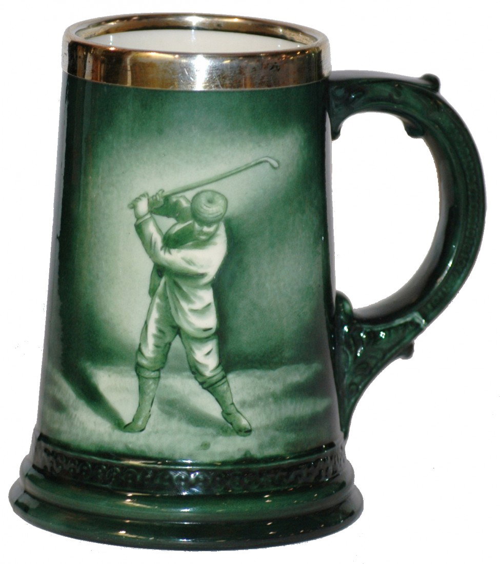 Porcelain Lenox POG Sports Stein: ½ L Golfer on green colors. Sterling Silver top rim.