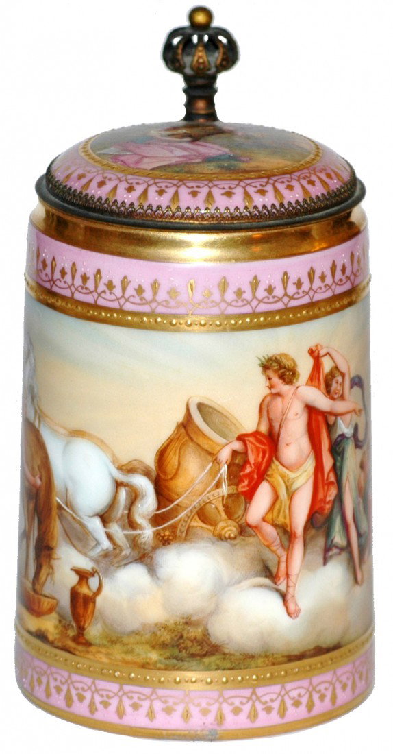Porcelain Hand Painted Royal Vienna Stein: Romanique scene titled "Venus & Marz." Painted scene on both sides of the porcelain inlay lid. Brass mounts.