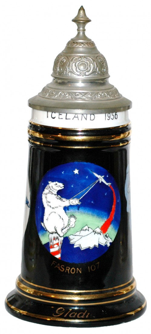 American Cold War Regimental Stein 1/2L Porcelain.: ½ L. "Fasron 107, USN, Iceland 1956, Paul." Map of Iceland, Polar bear unit logo and Lockhead P2V Neptune aircraft.