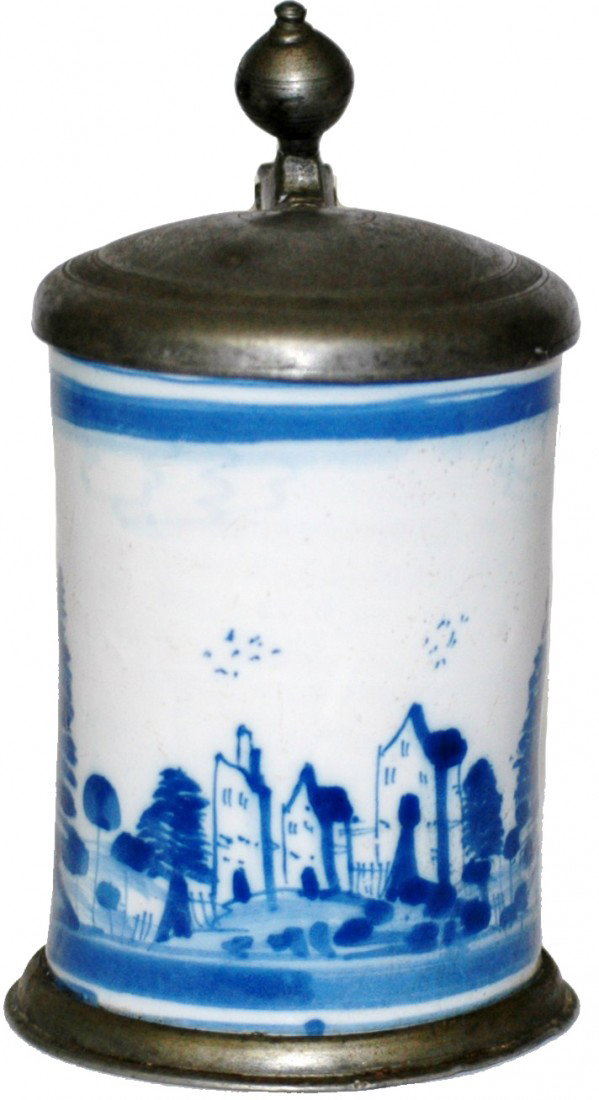 Faience 3/10L South German. Stein Circa 1780: Faience 3/10L South German. Blue house and landscape decoration. Circa 1780.