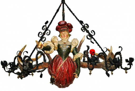 441 Large Carved Wood Erweipschen Chandelier Woman
