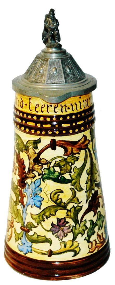 1L Hand Painted Majolica 1883 Floral Stein: Hungarian Majolica Hand Painted Under Glaze 1L. Branch and leaves design with verse. Base dated 1883. Mint.