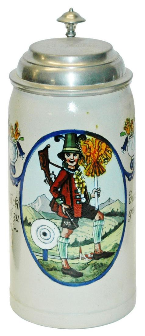 1L Shooting Contestant w Rifle Stein: Stoneware POG 1L. Shooting contestant with rifle holding double headed eagle on a pole. Mint.