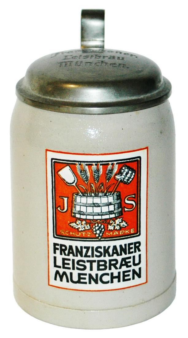 Franziskaner Leistbrau Muchen Brewery Stein: Brewery Stein 1/2L Stoneware POG. Franziskaner Leistbrau, Munchen. Matching logo lid. Mint.
