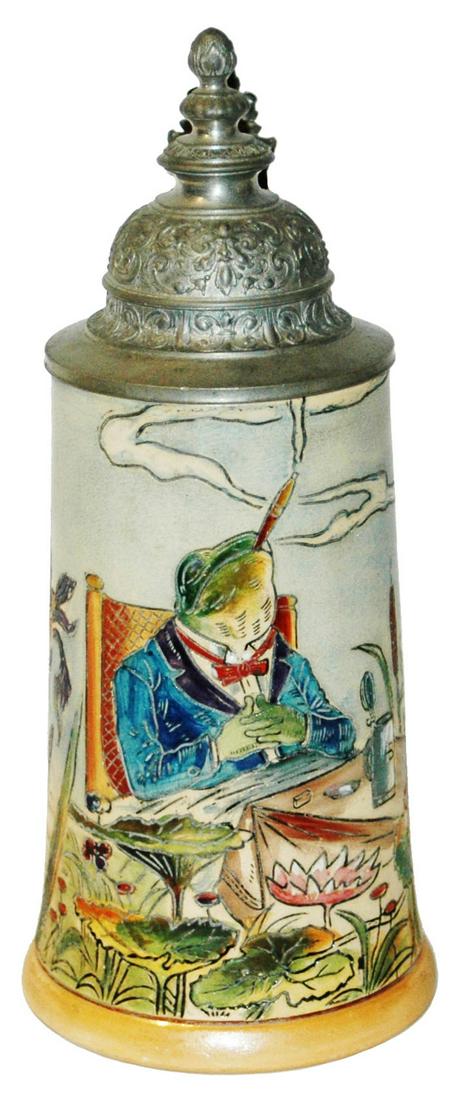 Frog Smokes a Cigar Etched Stein: Pottery Merkelbach & Wick Etched 1/2L. Frog smokes cigar. Mint.