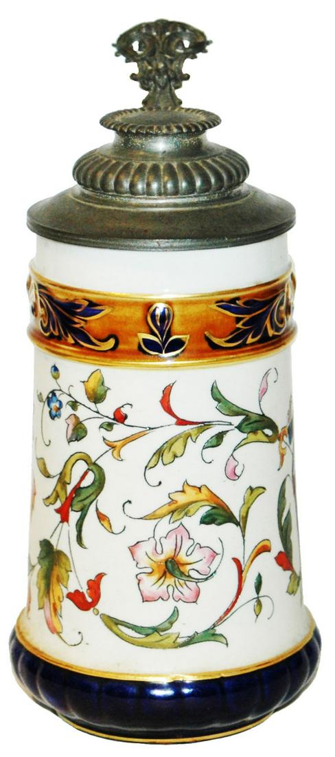 Rorstrand Hunter side Scene Floral Front Stein: Porcelain Rorstrand Etched 1/2L. Hunter with rifle and smoking a pipe side scene with floral front design. Original pewter lid. Mint.