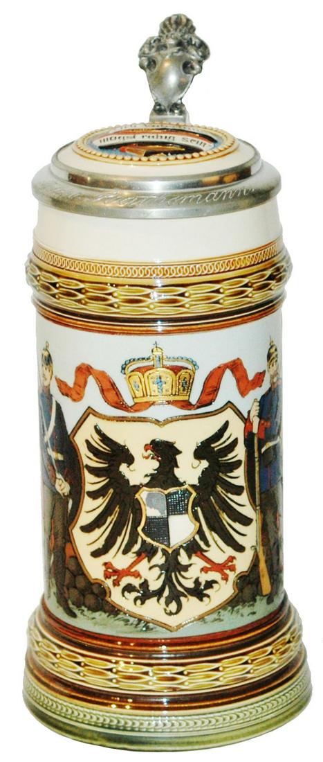 Mettlach Soldiers and Eagle Shield Stein w Inlay (1 of 5)