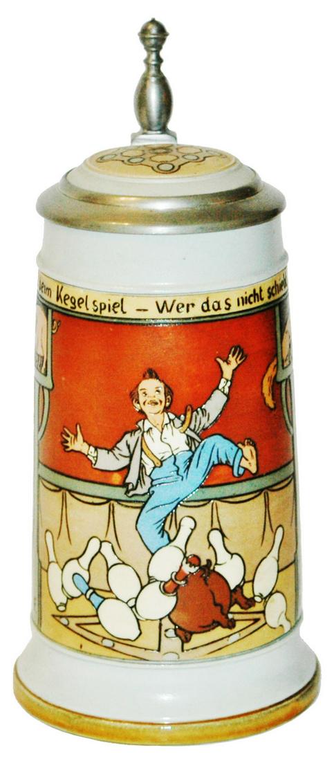 Mettlach Bowling Scenes Etched Stein w Inlay Lid (1 of 5)