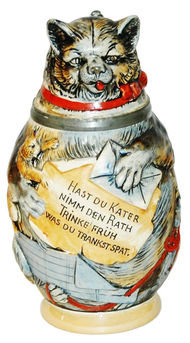 Mother Cat Holds Kitten & Letter Character Stein: Character Stein 1/2L Pottery JW Remy #767. Mother cat holds kitten and letter.