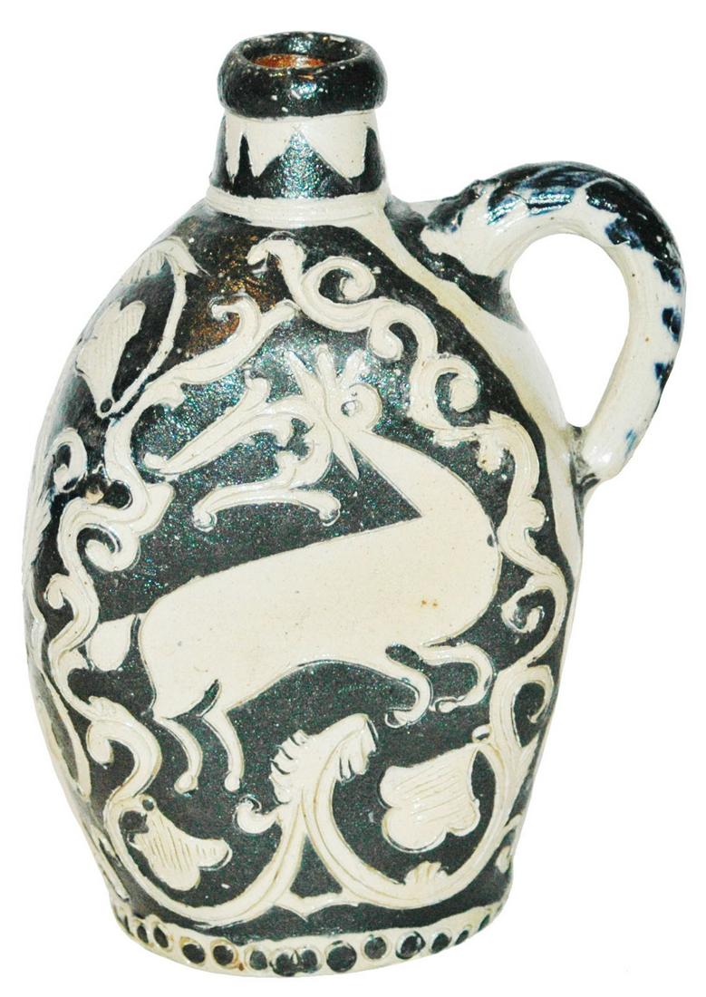 Uncommon Bottle Shape Westerwald Stags c. 1700s: Stoneware 6” Bottle Westerwald Factory. Hand scratched stags and floral design. Uncommon shape. Circa 18th century.