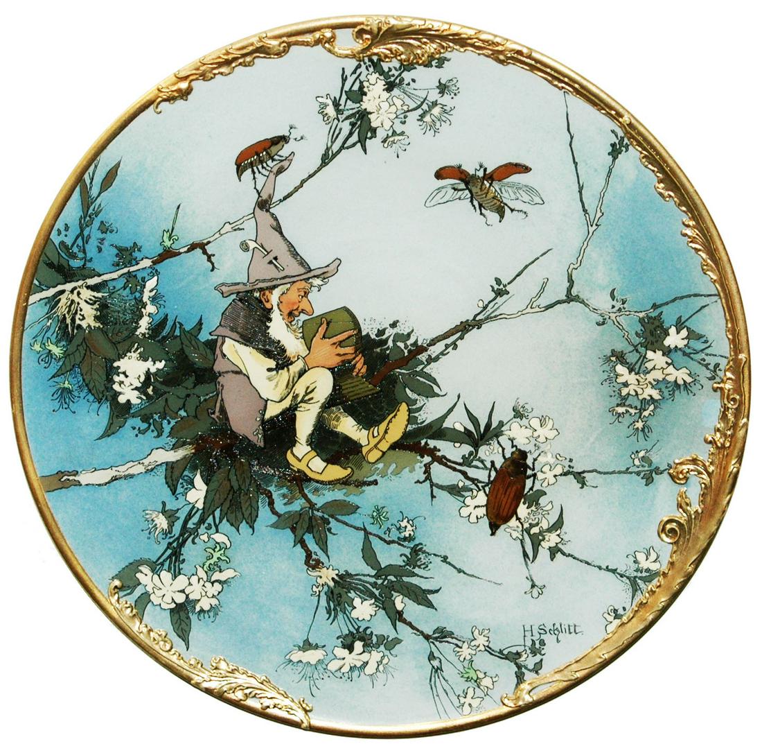 PAIR of Mettlach Dwarf in a Nest Etched Plaques (1 of 2)