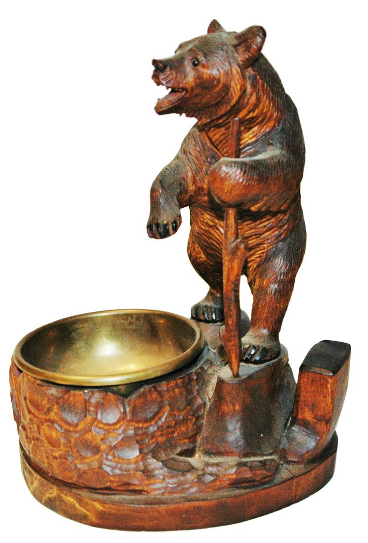 Black Forest Carved Hiking Bear w Cane Ashtray (1 of 3)