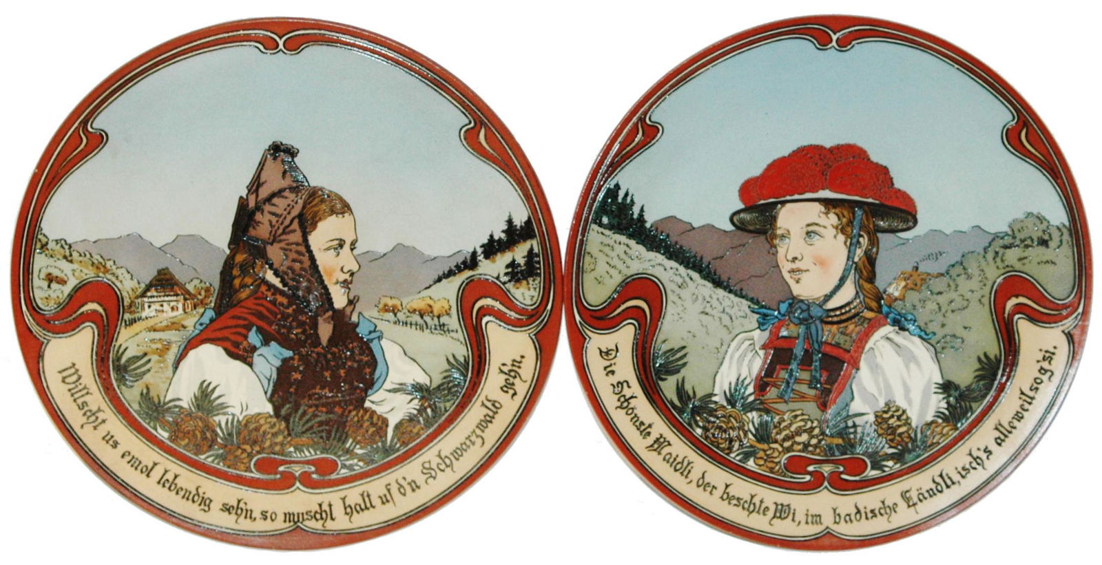 PAIR Mettlach Black Forest Dressed Women Plaques (1 of 1)