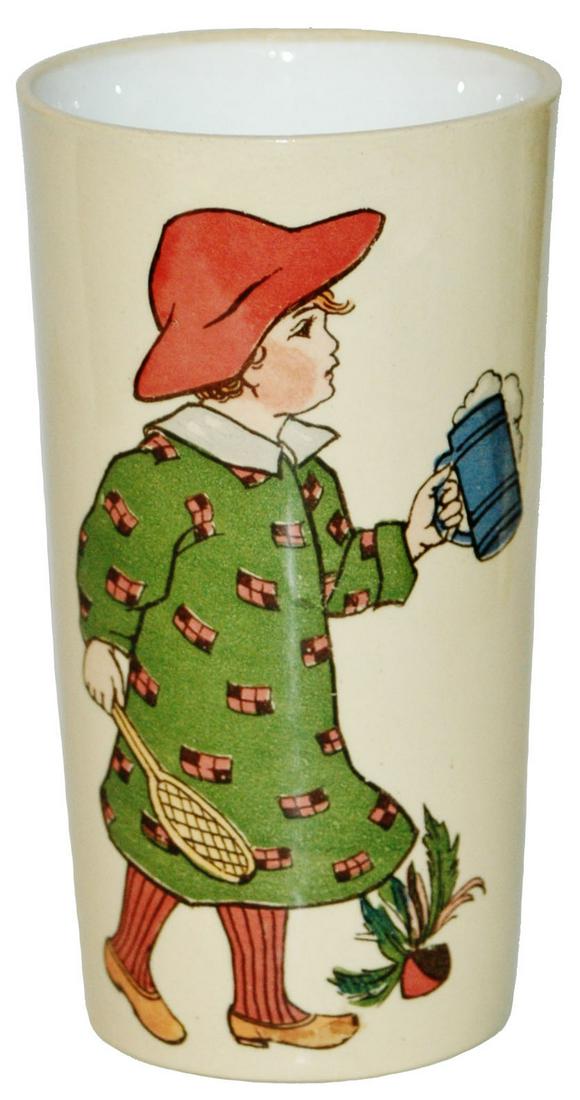 Mettlach Child w Tennis Racket Beaker: Mettlach #2327/1235 PUG 1/4L Beaker. Girl with tennis racket. Mint.
