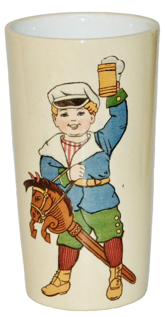 Mettlach Boy Rides a Stick Pony Beaker: Mettlach #2327/1234 PUG 1/4L Beaker. Boy rides stickpony. Mint.