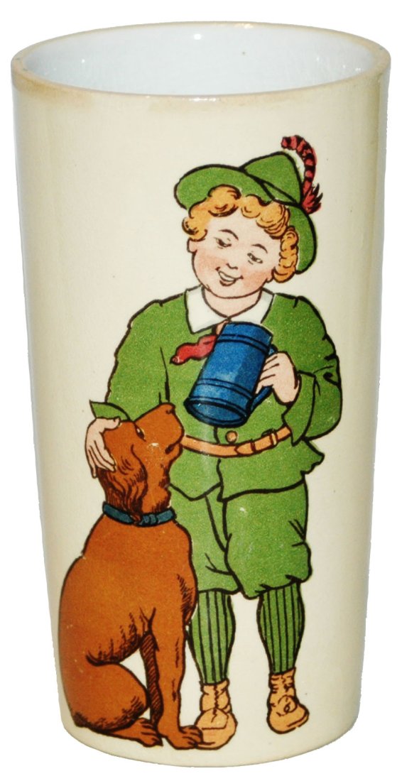 Mettlach Boy with His Dog Beaker: Mettlach #2327/1233 PUG 1/4L Beaker. Boy with his dog. Mint.