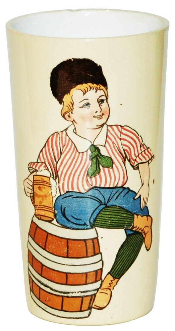 Mettlach Boy Sits on Barrel Beaker: Mettlach #2327/1232 PUG 1/4L Beaker. Boy sits on barrel.