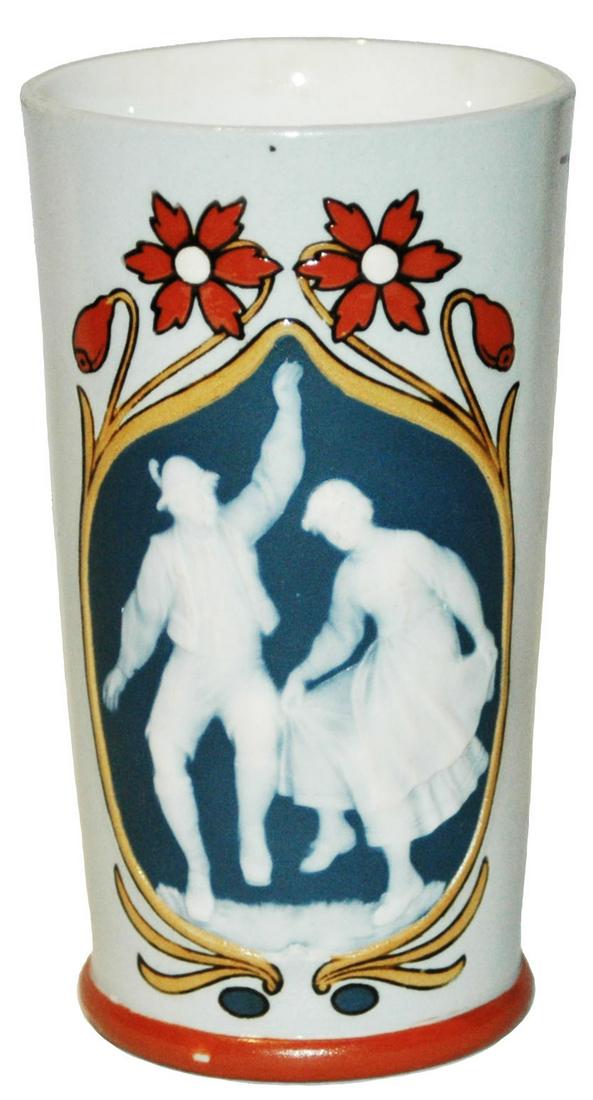 Mettlach Cameo Beaker of Dancing Couple: Mettlach #2816 Cameo 1/4L Beaker. Couple dance. Mint.