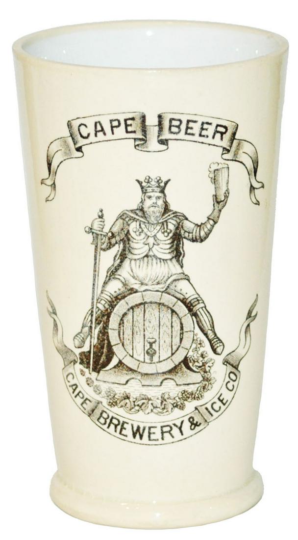 Mettlach Cape Beer Brewery & Ice Gambrinus Beaker: Mettlach #2368 PUG 1/4L Beaker. “Cape Beer, Cape Brewery & Ice Co.” Gambrinus on barrel. Mint.