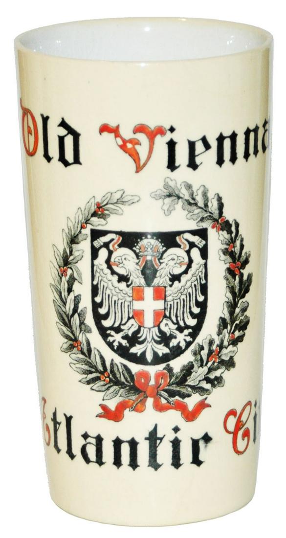 Mettlach Old Vienna Atlantic City Beaker: Mettlach #2327 PUG 1/4L Beaker. Old Vienna, Atlantic City. Mint.