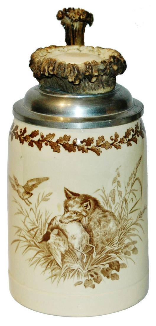 Mettlach Fox w Duck Stein w Horn Lid & Thumblift: Mettlach #1526 POG 1/2L. Fox with duck in his mouth. Horn lid and thumblift. Mint.