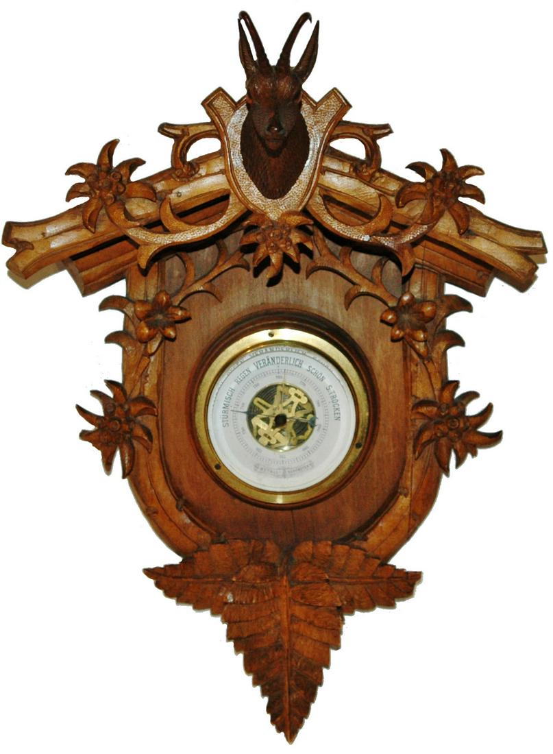 Black Forest Carved Barometer Stag Head & Edelweis (1 of 3)