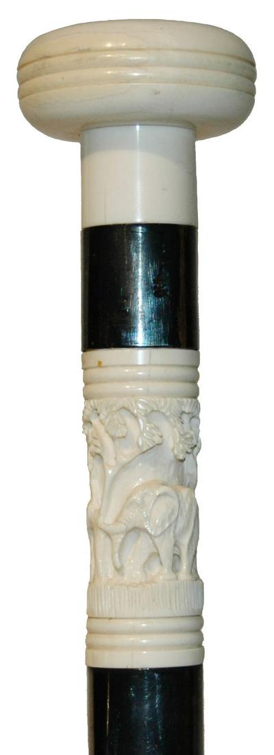 Carved Iv ory Handled Cane 925 Silver & Elephants (1 of 3)