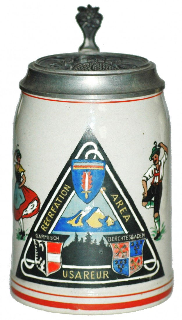 USAF 1950's German Recreation Area Military Stein: ½ L. Stoneware POG ½ L. "USAREUR RECREATION AREA" for US troops in Germany 1950's. Relief pewter lid with mountain climbing tools.