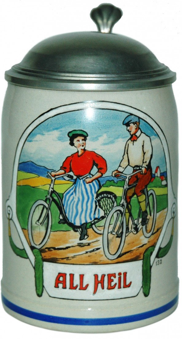 Stoneware Bicycle Stein: ½ L. Stoneware POG. Scene of man and woman bicycle riders.