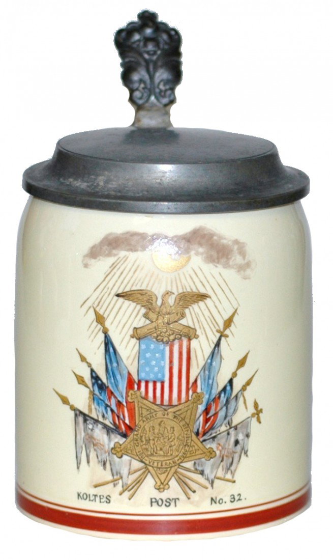 Grand Army of the Republic Veteran Stein w/ Flags: ¼ L. Pottery POG "Grand Army of te Republic Veteran, Koltes Post 32." Eagle, badge and American flags.